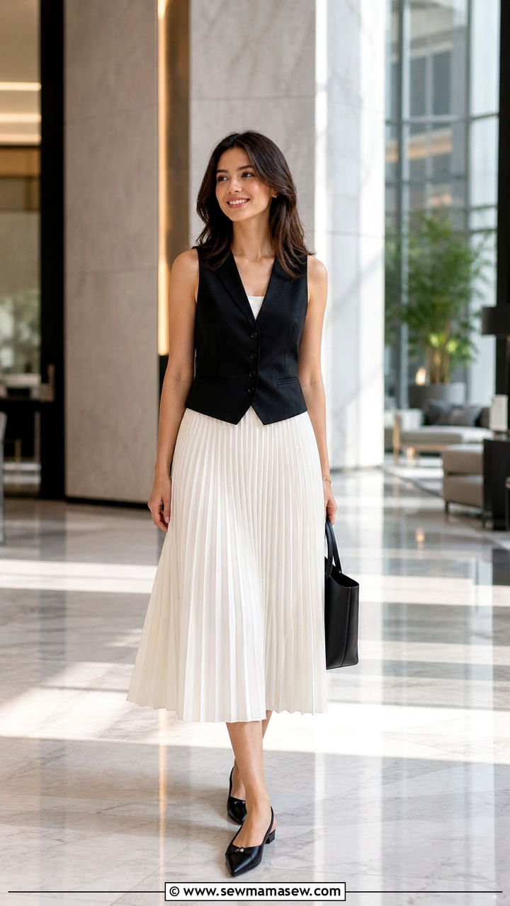 Black vest and white pleated skirt outfit - 40 Black and white outfit ideas