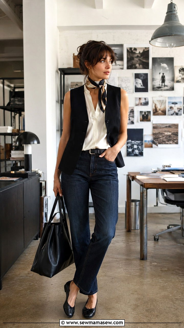 Black vest layered over a white blouse with dark jeans - 30 casual french girl outfits