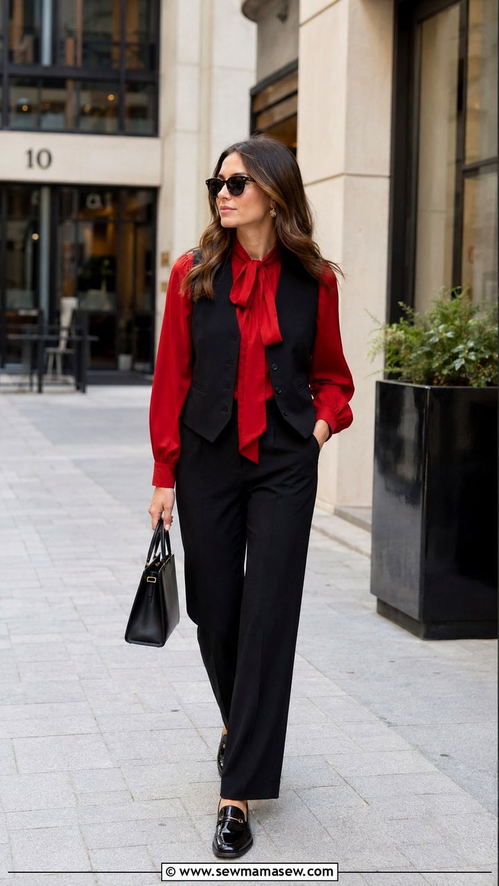 Black vest with red blouse - 25 Red and black outfit ideas
