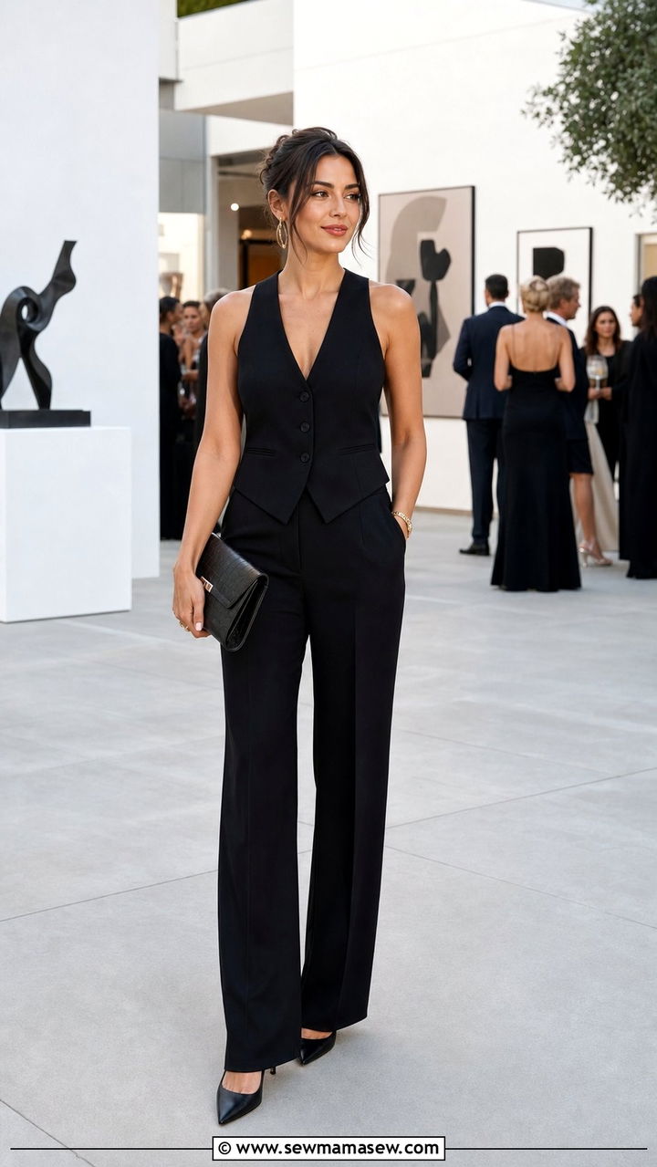 Black waistcoat with black trousers - 35 black outfit ideas for women