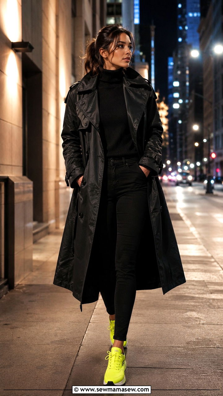 Black waxed trench coat with neon accented sneakers and dark denim - 30 Long trench coat outfit ideas with sneakers