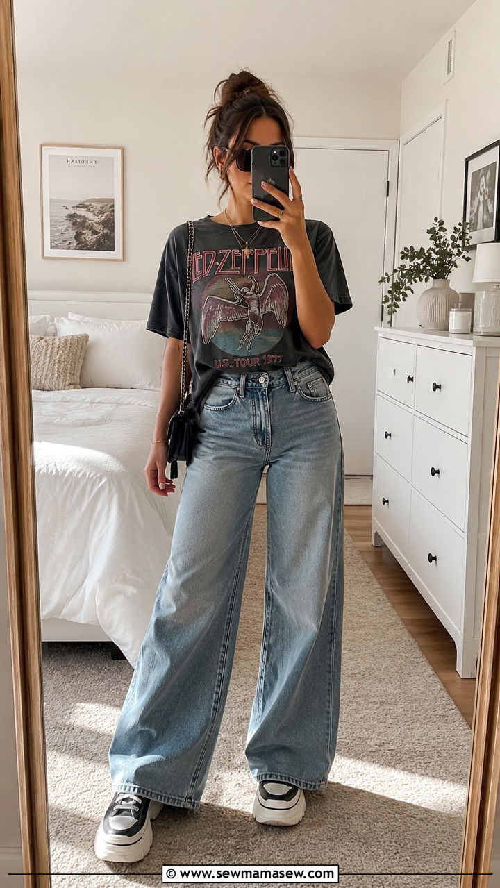 Black wide leg jeans with a short sleeve cardigan and Mary Jane flats - 30 spring wide leg jeans outfit ideas