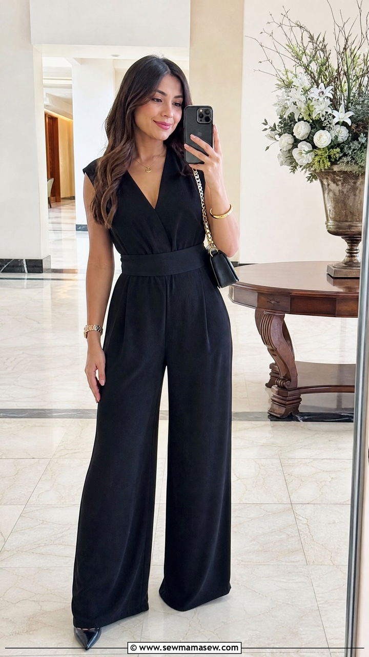 Black wide leg jumpsuit with gold accessories - 30 Engineering graduation outfit ideas