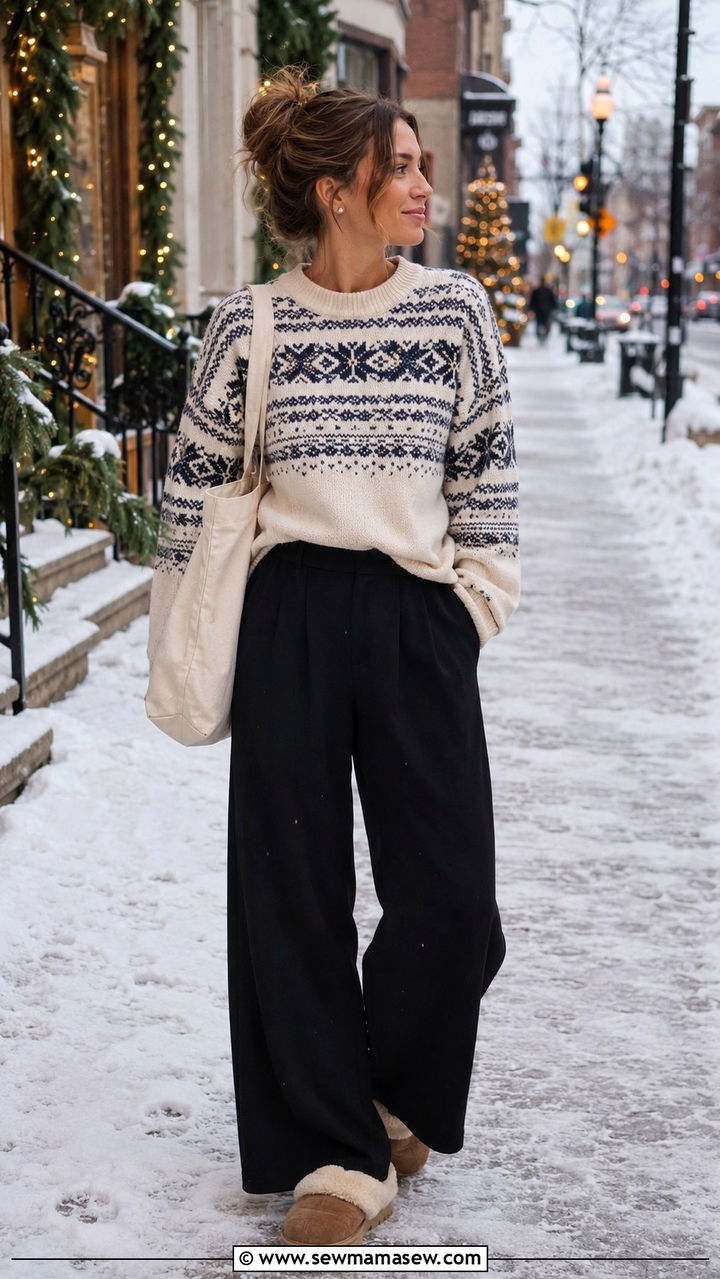 Black wide leg pants with a Fair Isle sweater and shearling clogs - 25 Wide leg black pants outfit ideas with a sweater