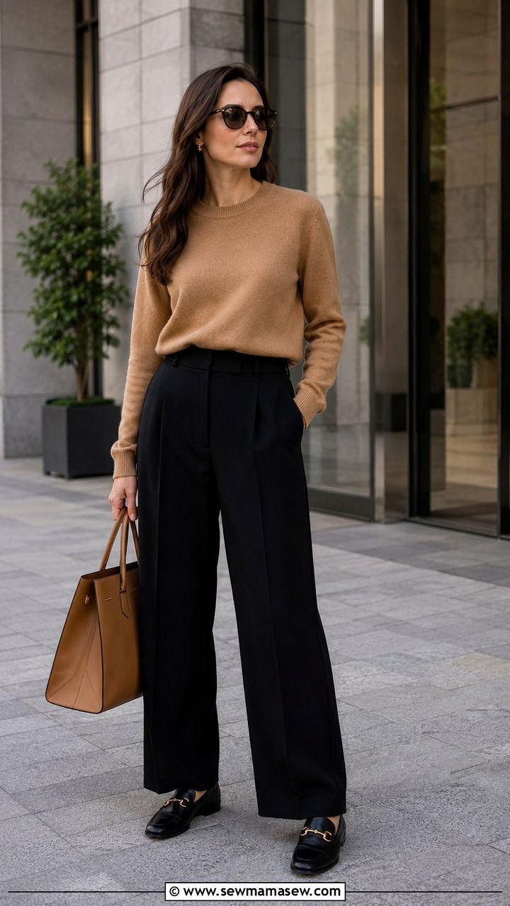 Black wide leg pants with a cashmere crewneck and loafers - 25 Wide leg black pants outfit ideas with a sweater