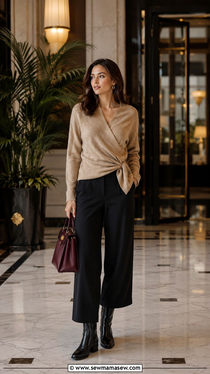 Black wide leg pants with a cashmere wrap sweater and knee high boots - 25 Wide leg black pants outfit ideas with a sweater