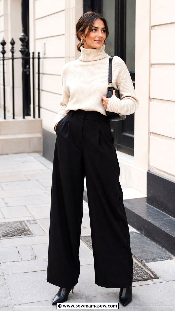 Black wide leg pants with a chunky turtleneck sweater and ankle boots - 25 Wide leg black pants outfit ideas with a sweater