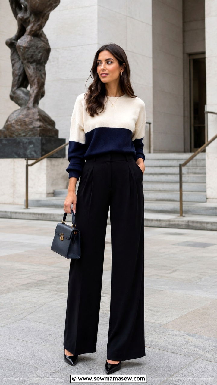 Black wide leg pants with a color block sweater and pointed heels - 25 Wide leg black pants outfit ideas with a sweater