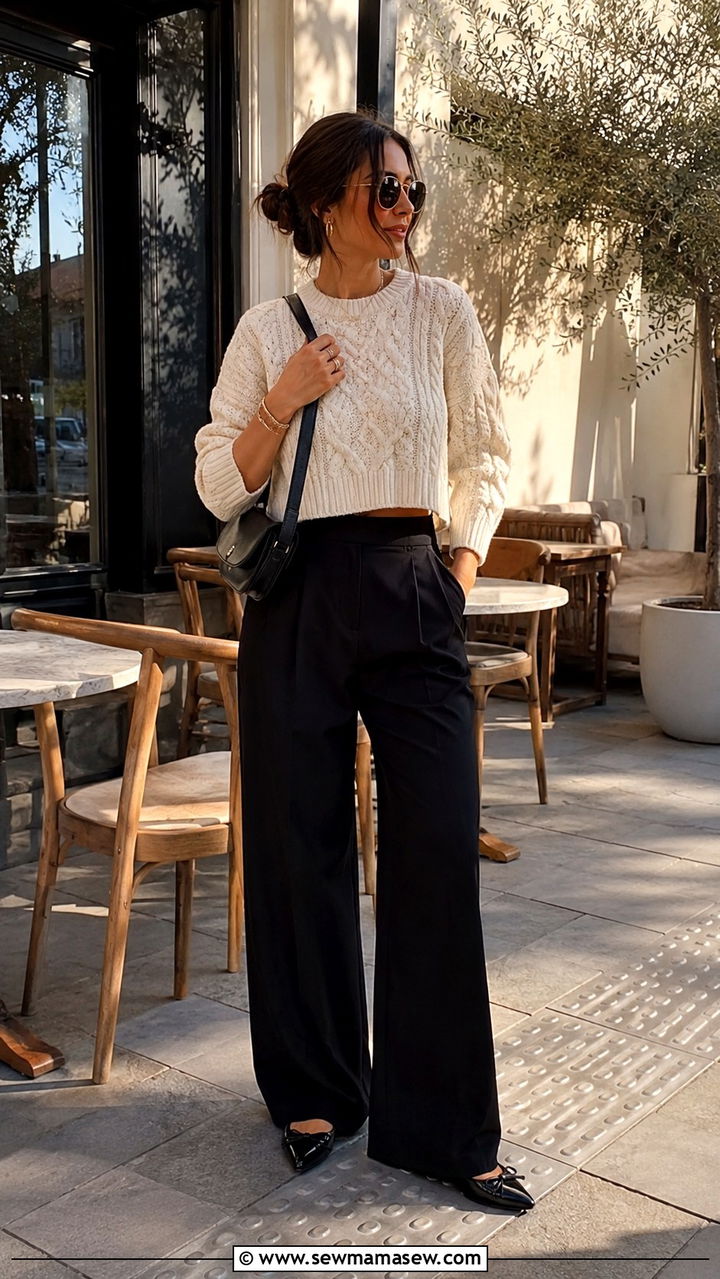 Black wide leg pants with a cropped cable knit sweater and pointed flats - 25 Wide leg black pants outfit ideas with a sweater
