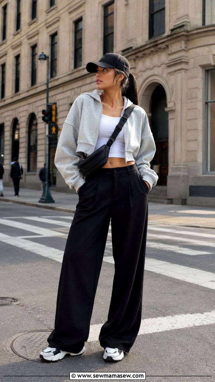 Black wide leg pants with a cropped hoodie and chunky trainers - 25 Wide leg black pants outfit ideas with a sweater