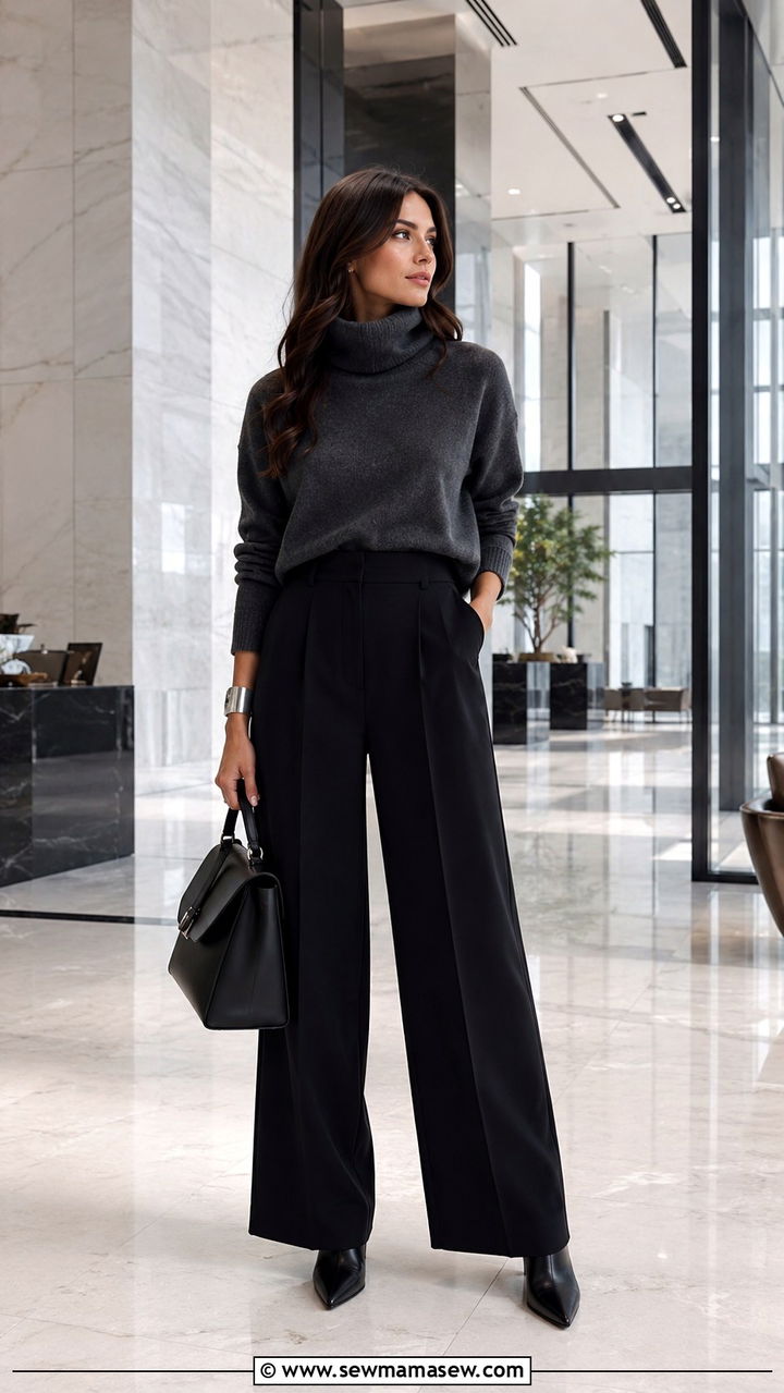 Black wide leg pants with a funnel neck sweater and pointed toe boots - 25 Wide leg black pants outfit ideas with a sweater