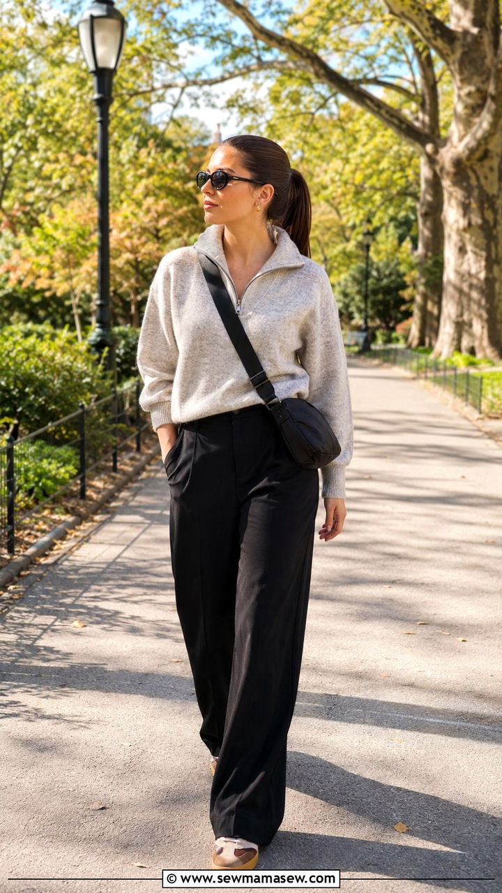 Black wide leg pants with a half zip sweater and retro sneakers - 25 Wide leg black pants outfit ideas with a sweater
