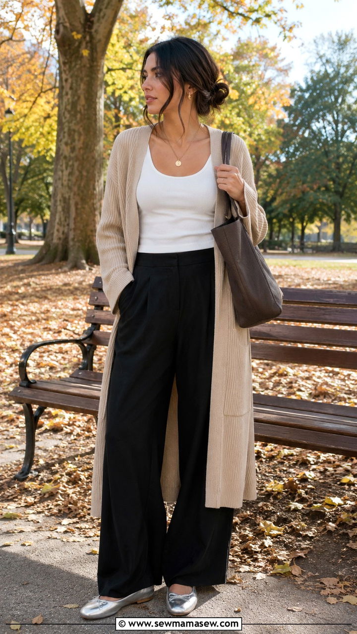 Black wide leg pants with a long cardigan sweater and ballet flats - 25 Wide leg black pants outfit ideas with a sweater