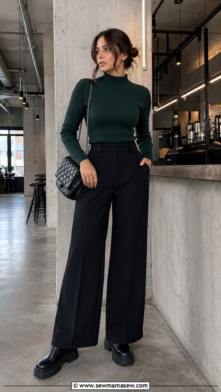 Black wide leg pants with a mock neck sweater and lug sole boots - 25 Wide leg black pants outfit ideas with a sweater