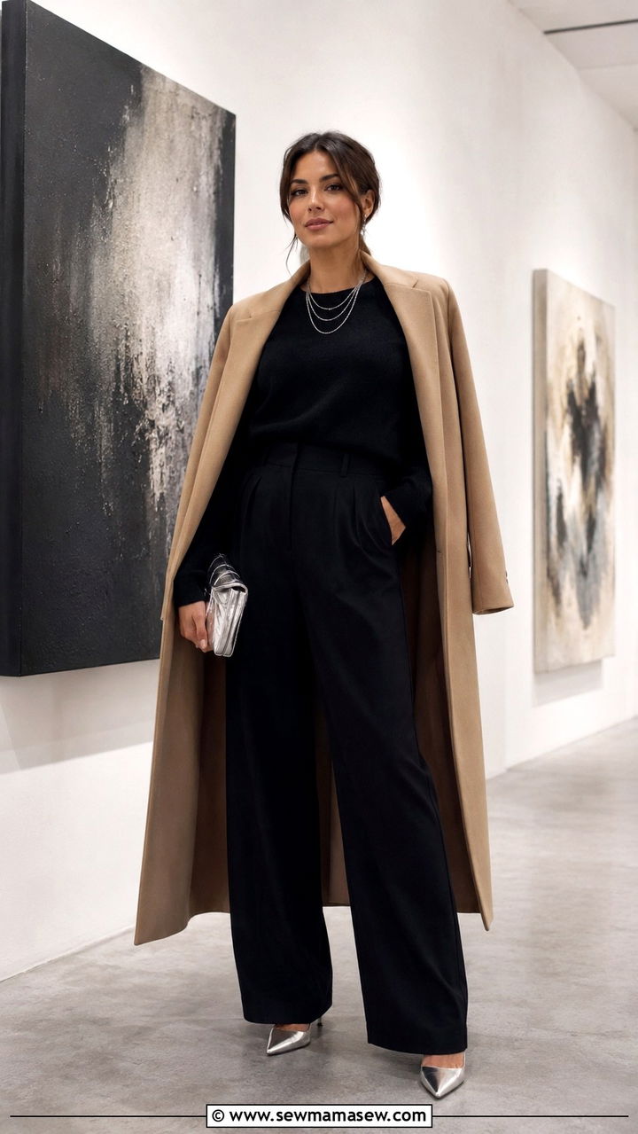 Black wide leg pants with a monochrome black sweater and metallic accents - 25 Wide leg black pants outfit ideas with a sweater
