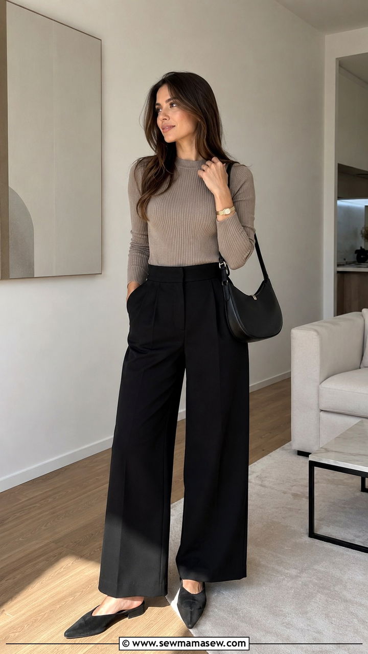 Black wide leg pants with a ribbed knit sweater and backless mules - 25 Wide leg black pants outfit ideas with a sweater