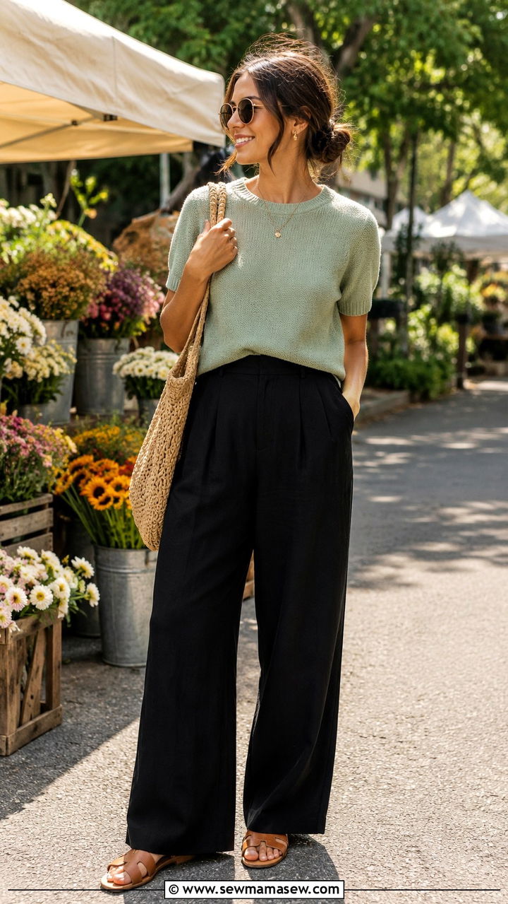 Black wide leg pants with a short sleeve sweater and flat sandals - 25 Wide leg black pants outfit ideas with a sweater