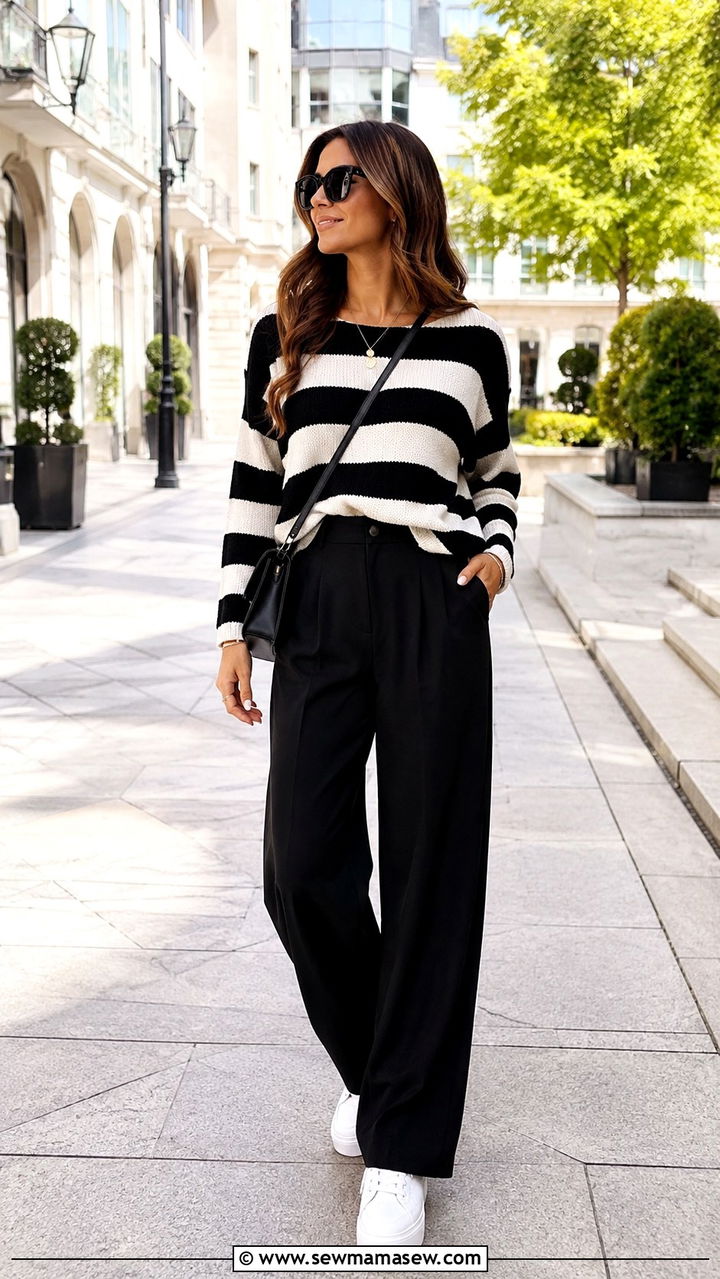 Black wide leg pants with a striped sweater and platform sneakers - 25 Wide leg black pants outfit ideas with a sweater