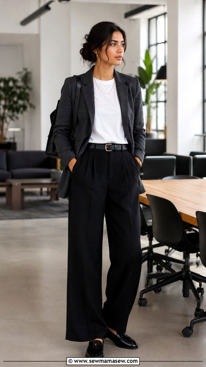 Black wide leg pants with a sweater blazer and penny loafers - 25 Wide leg black pants outfit ideas with a sweater