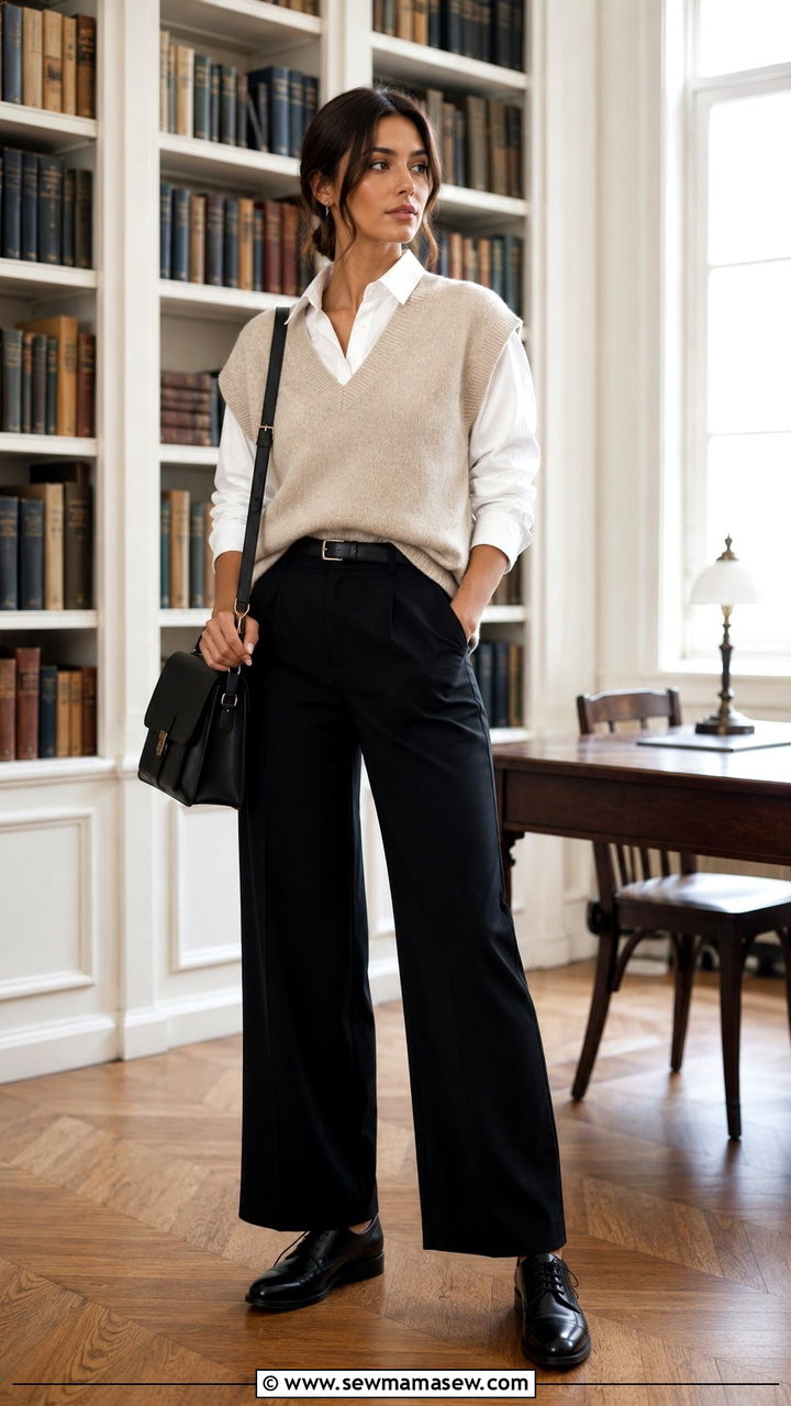 Black wide leg pants with a sweater vest over a crisp white shirt - 25 Wide leg black pants outfit ideas with a sweater