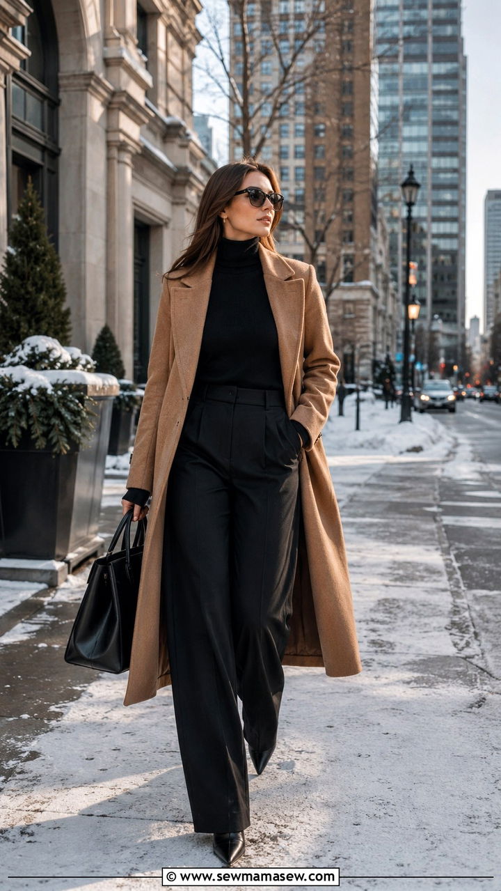 Black wide leg pants with a turtleneck sweater and a wool coat - 25 Wide leg black pants outfit ideas with a sweater