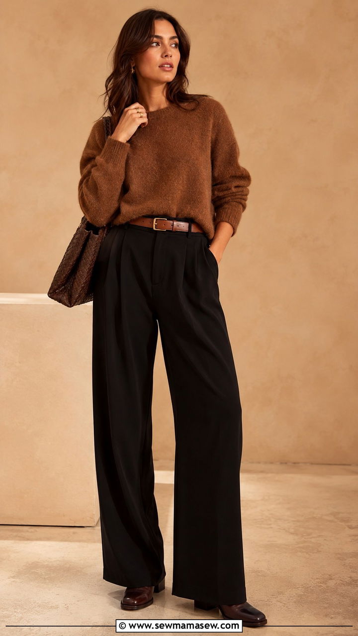 Black wide leg pants with an alpaca blend sweater and leather boots - 25 Wide leg black pants outfit ideas with a sweater