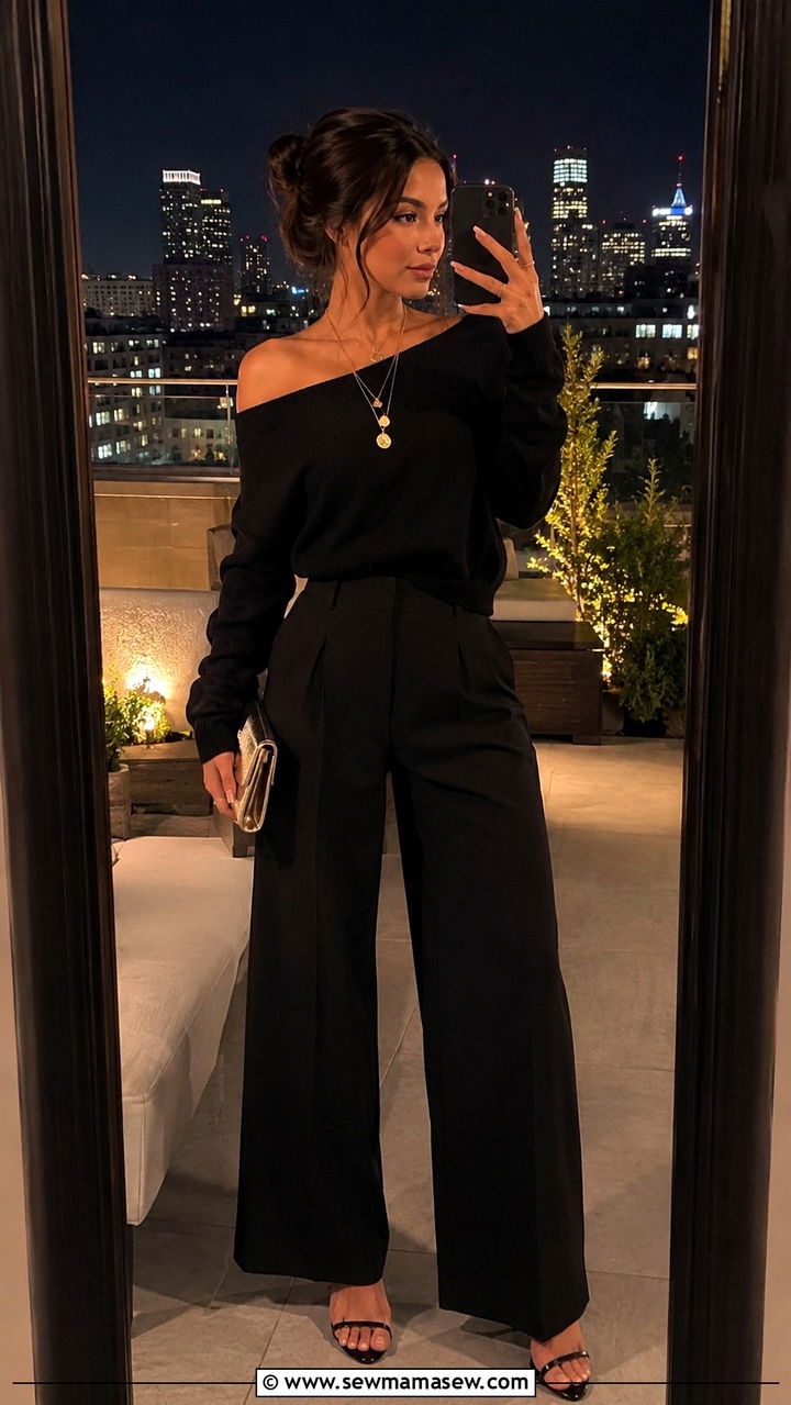 Black wide leg pants with an off the shoulder sweater and strappy heels - 25 Wide leg black pants outfit ideas with a sweater