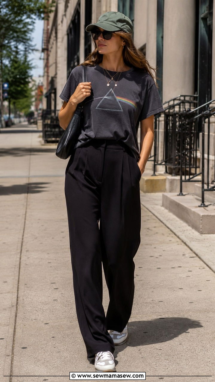 Black wide leg pants with band tee and retro sneakers - 25 Wide leg black pants outfit ideas with sneakers