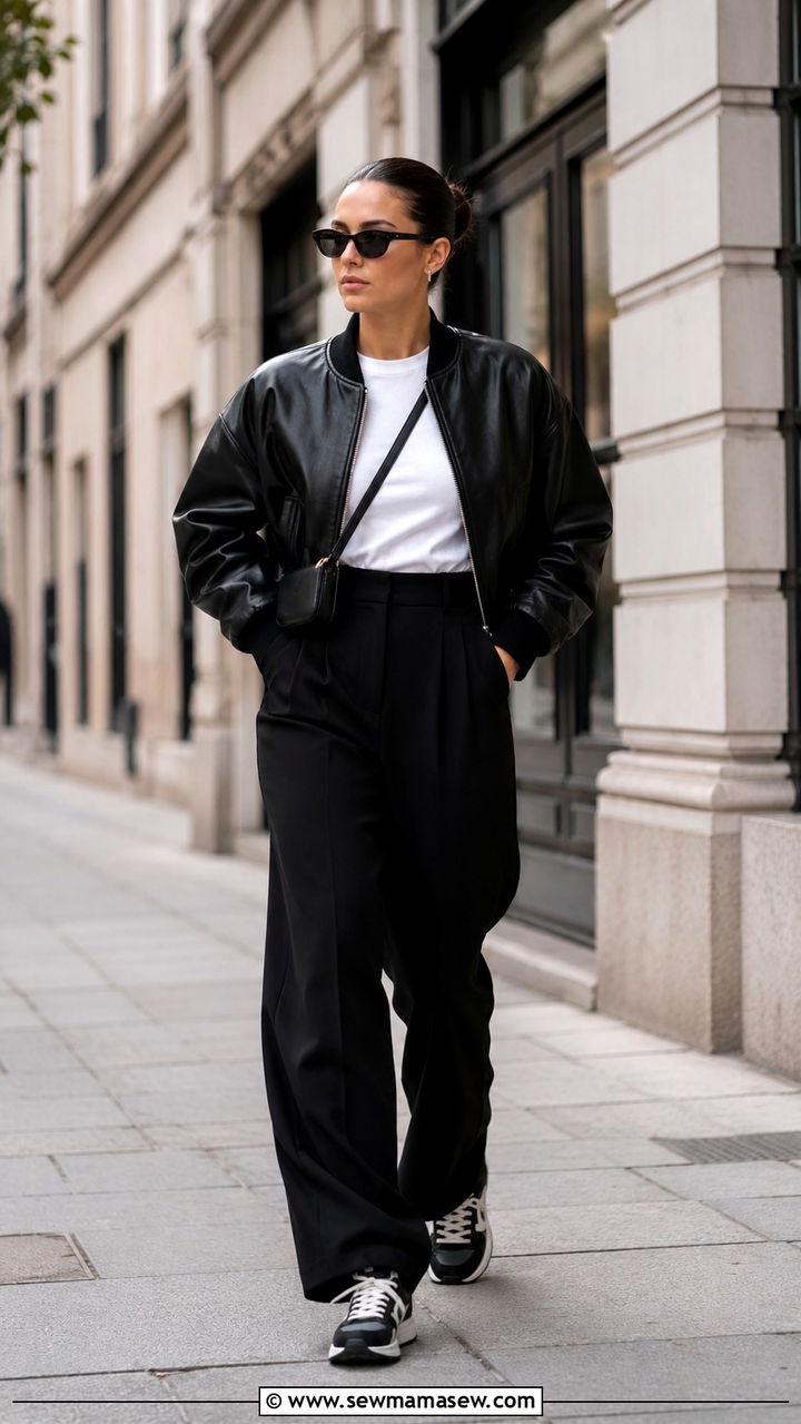 Black wide leg pants with bomber jacket and sneakers - 25 Wide leg black pants outfit ideas with sneakers