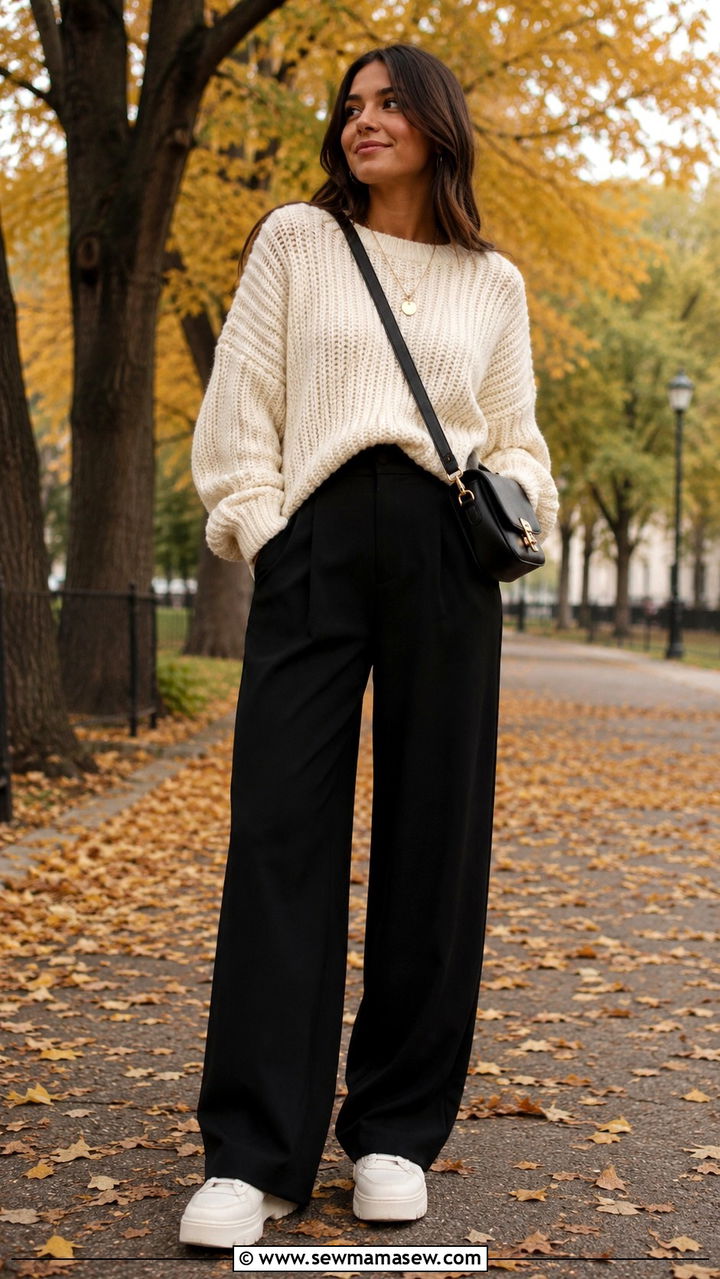Black wide leg pants with chunky knit sweater and sneakers - 25 Wide leg black pants outfit ideas with sneakers