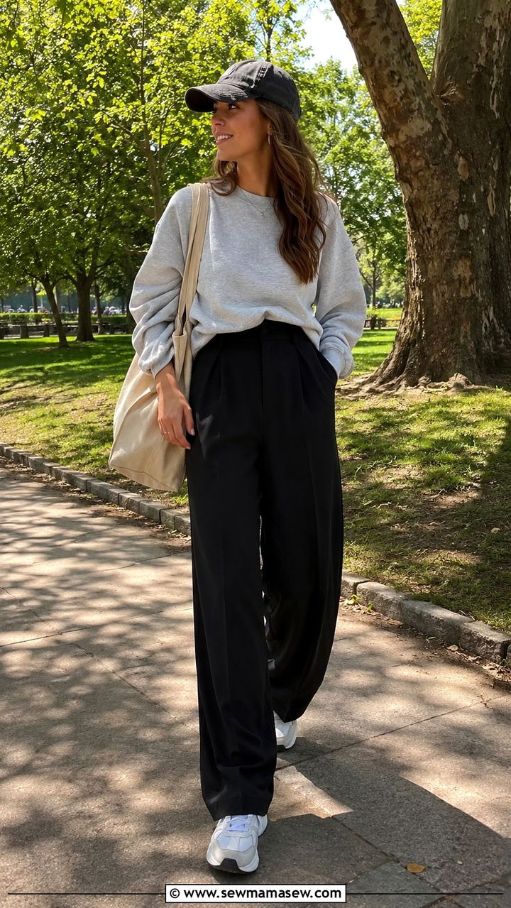 Black wide leg pants with crewneck sweatshirt and sneakers - 25 Wide leg black pants outfit ideas with sneakers