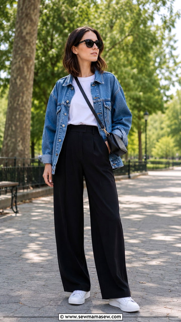 Black wide leg pants with denim jacket and sneakers - 25 Wide leg black pants outfit ideas with sneakers