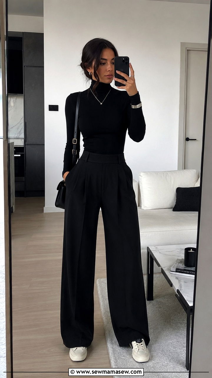 Black wide leg pants with fitted black turtleneck and sneakers - 25 Wide leg black pants outfit ideas with sneakers