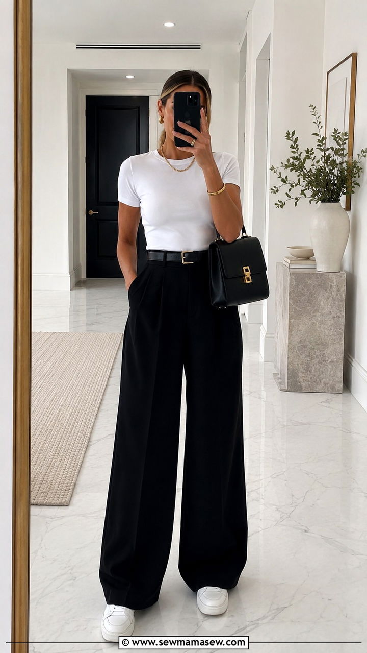 Black wide leg pants with fitted white tee and sneakers - 25 Wide leg black pants outfit ideas with sneakers