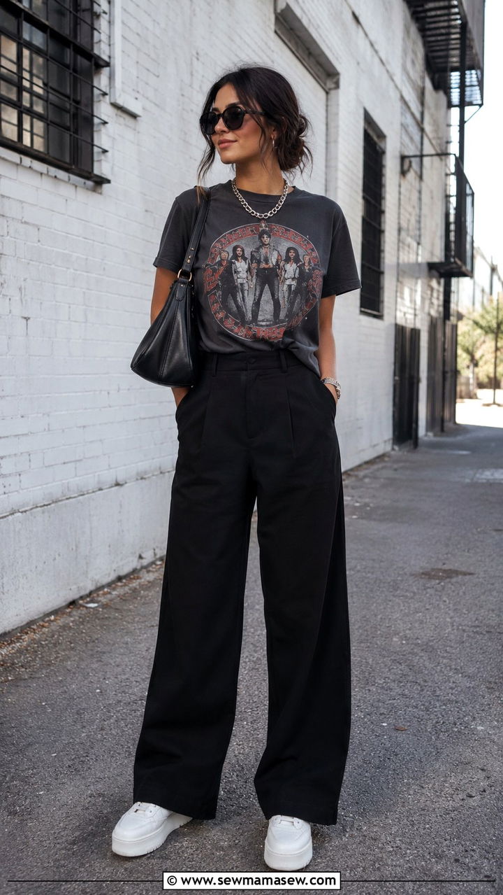 Black wide leg pants with graphic tee and platform sneakers - 30 spring wide leg pants outfit ideas