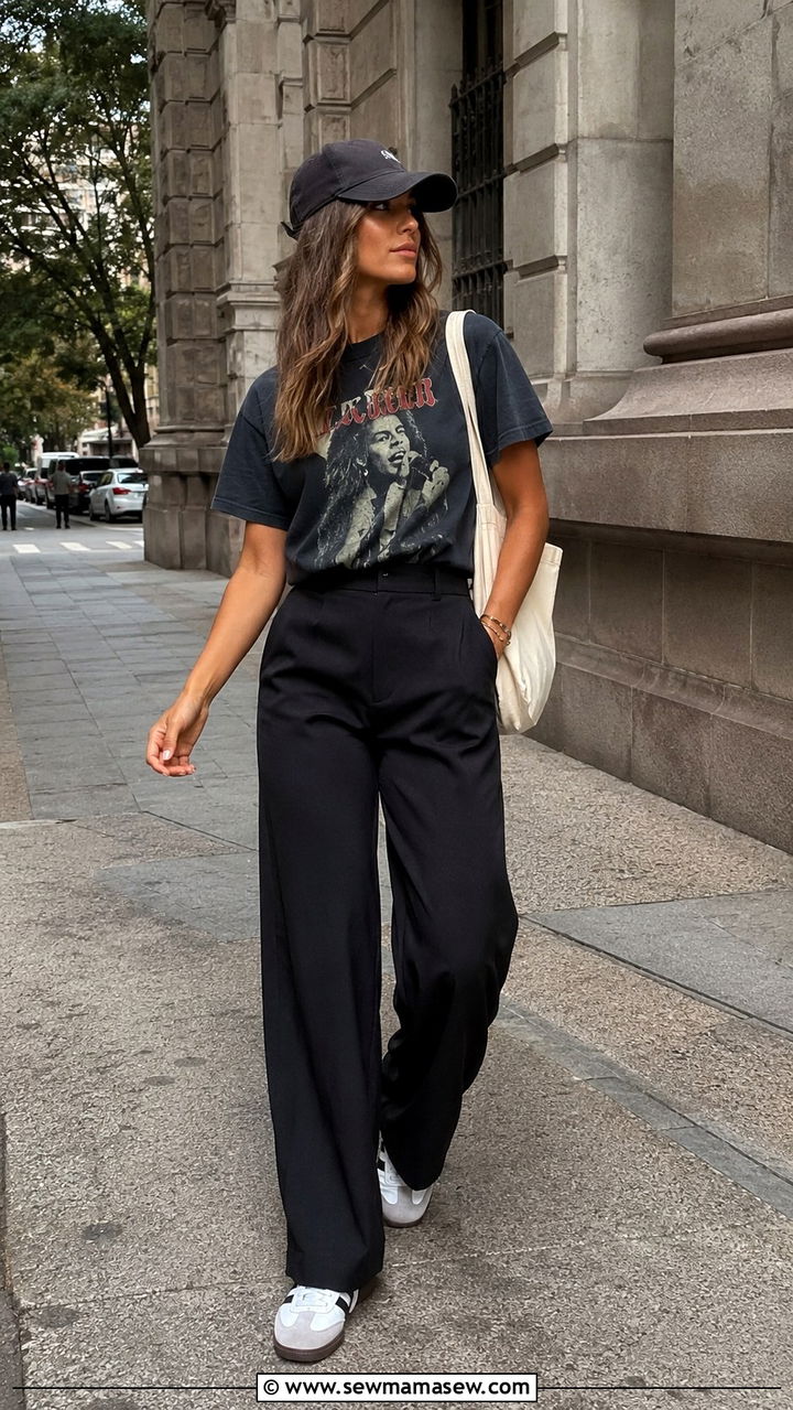 Black wide leg pants with graphic tee and sneakers - 25 Wide leg black pants outfit ideas with sneakers