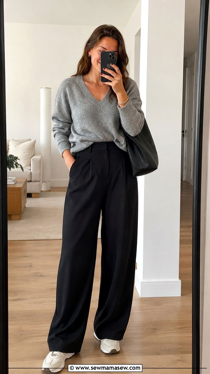 Black wide leg pants with grey sweater and sneakers - 25 Wide leg black pants outfit ideas with sneakers