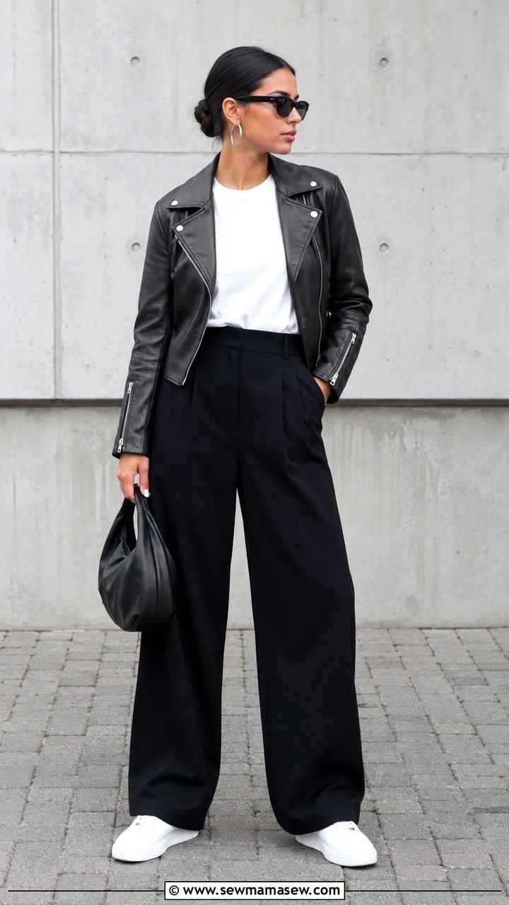 Black wide leg pants with leather jacket and sneakers - 25 Wide leg black pants outfit ideas with sneakers