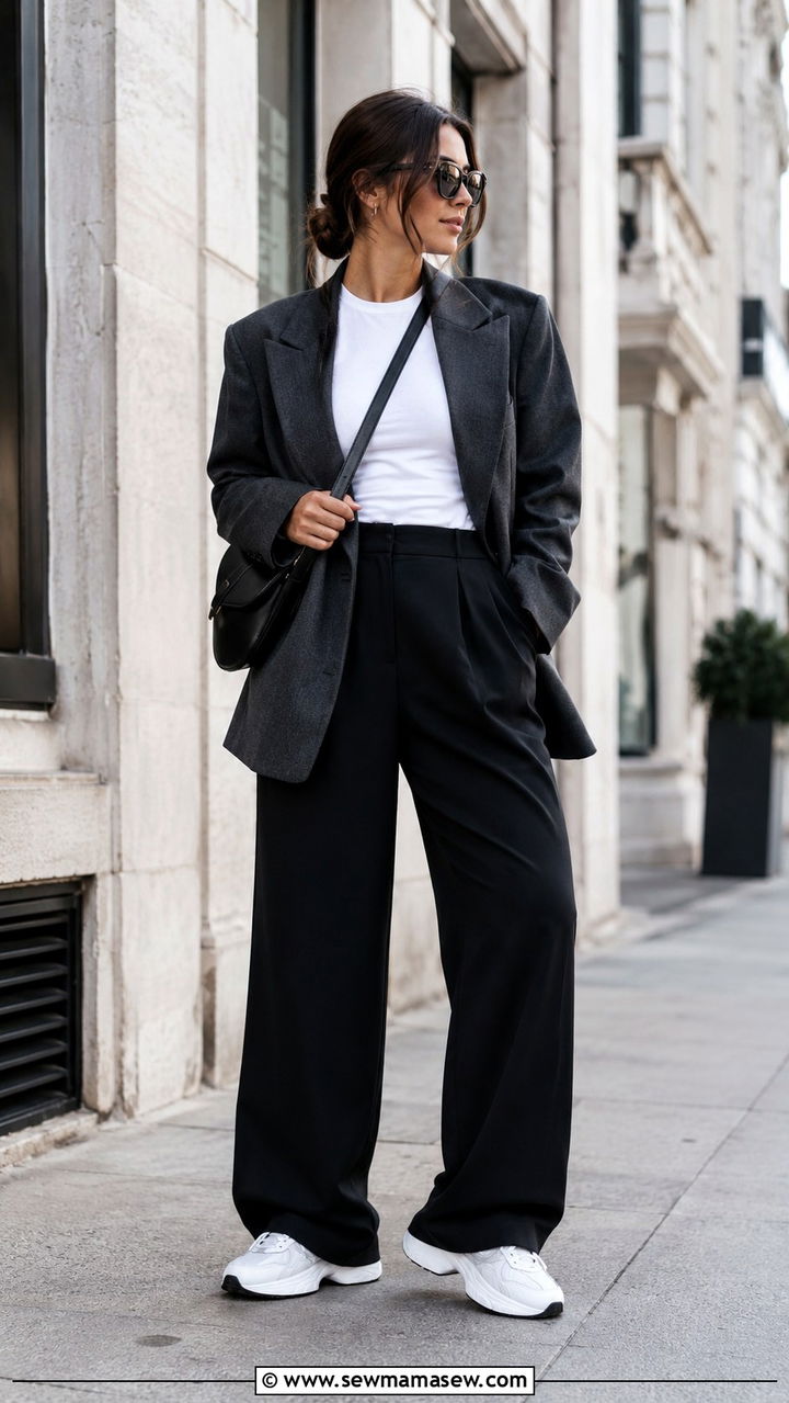 Black wide leg pants with oversized blazer and sneakers - 25 Wide leg black pants outfit ideas with sneakers