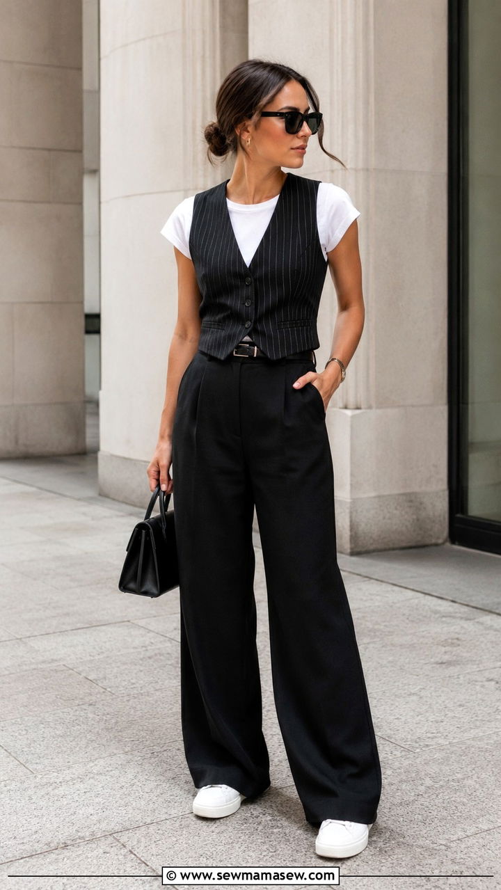 Black wide leg pants with pinstripe vest and sneakers - 25 Wide leg black pants outfit ideas with sneakers