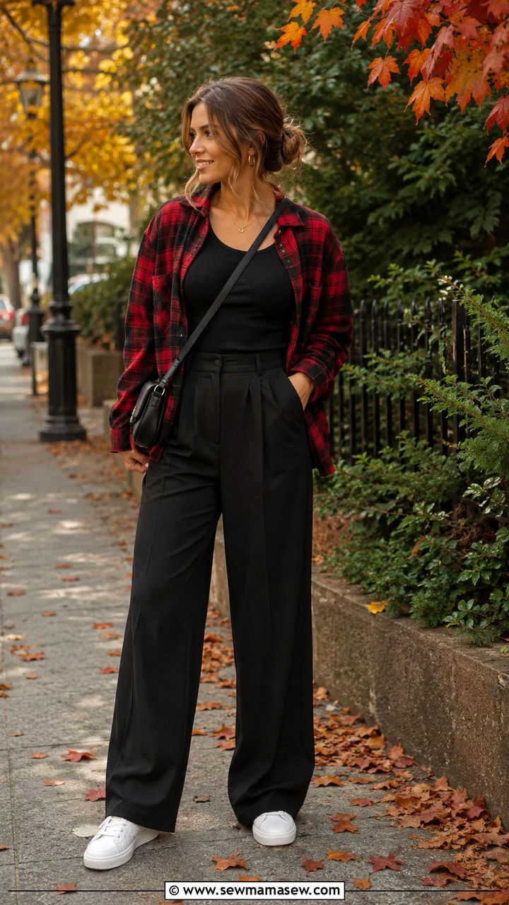 Black wide leg pants with plaid overshirt and sneakers - 25 Wide leg black pants outfit ideas with sneakers