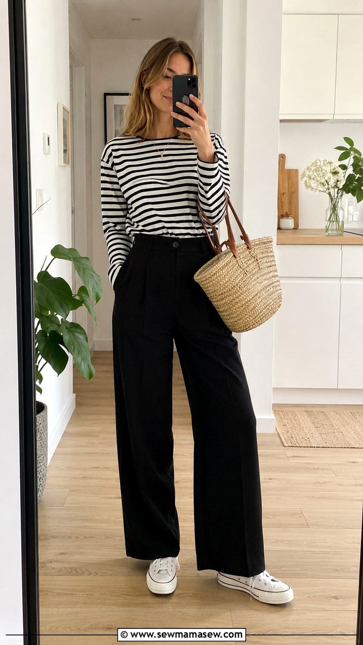 Black wide leg pants with striped top and sneakers - 25 Wide leg black pants outfit ideas with sneakers