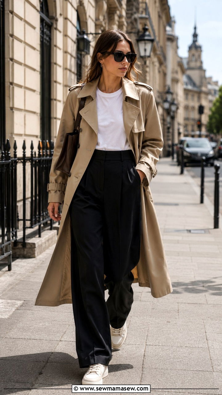 Black wide leg pants with trench coat and sneakers - 25 Wide leg black pants outfit ideas with sneakers