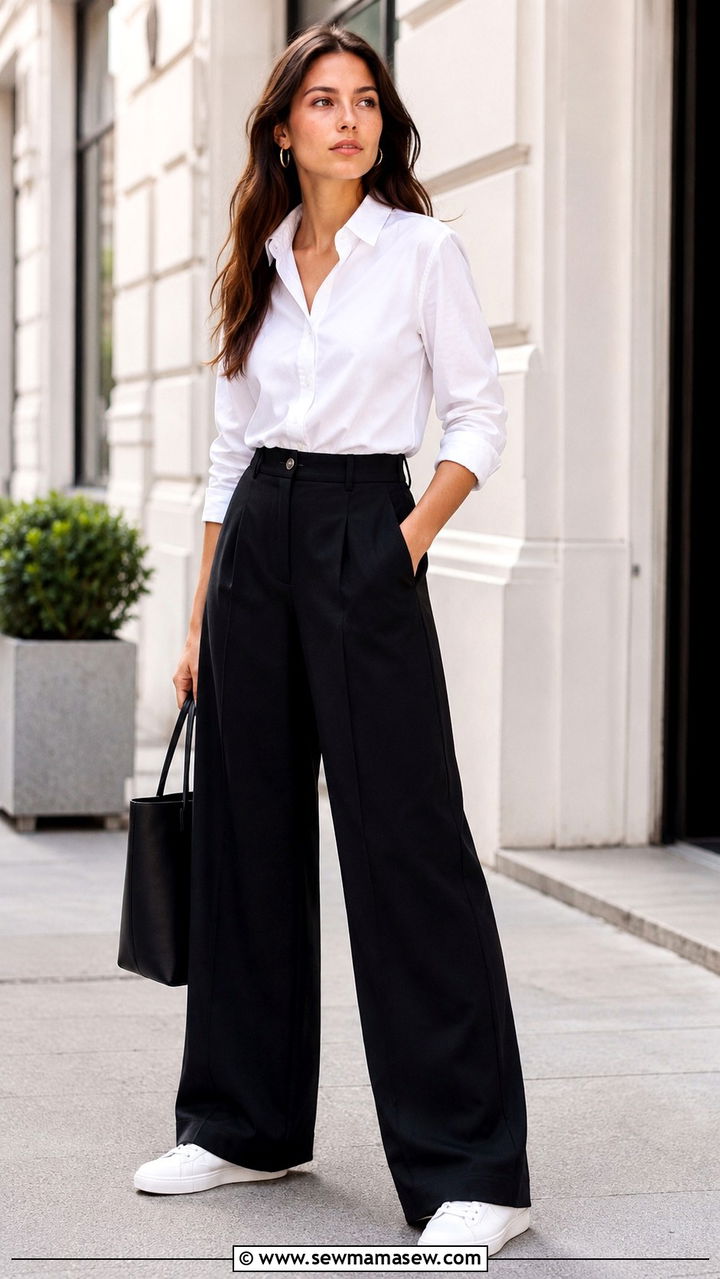 Black wide leg pants with white button down and sneakers - 25 Wide leg black pants outfit ideas with sneakers