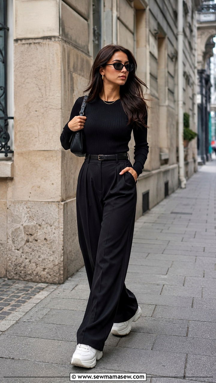 Black wide leg trousers with chunky sneakers outfit - 25 Wide leg pants outfit ideas with sneakers