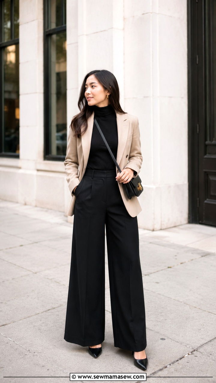 Black wide leg trousers with fitted white turtleneck - 25 Petite wide leg pants outfit ideas