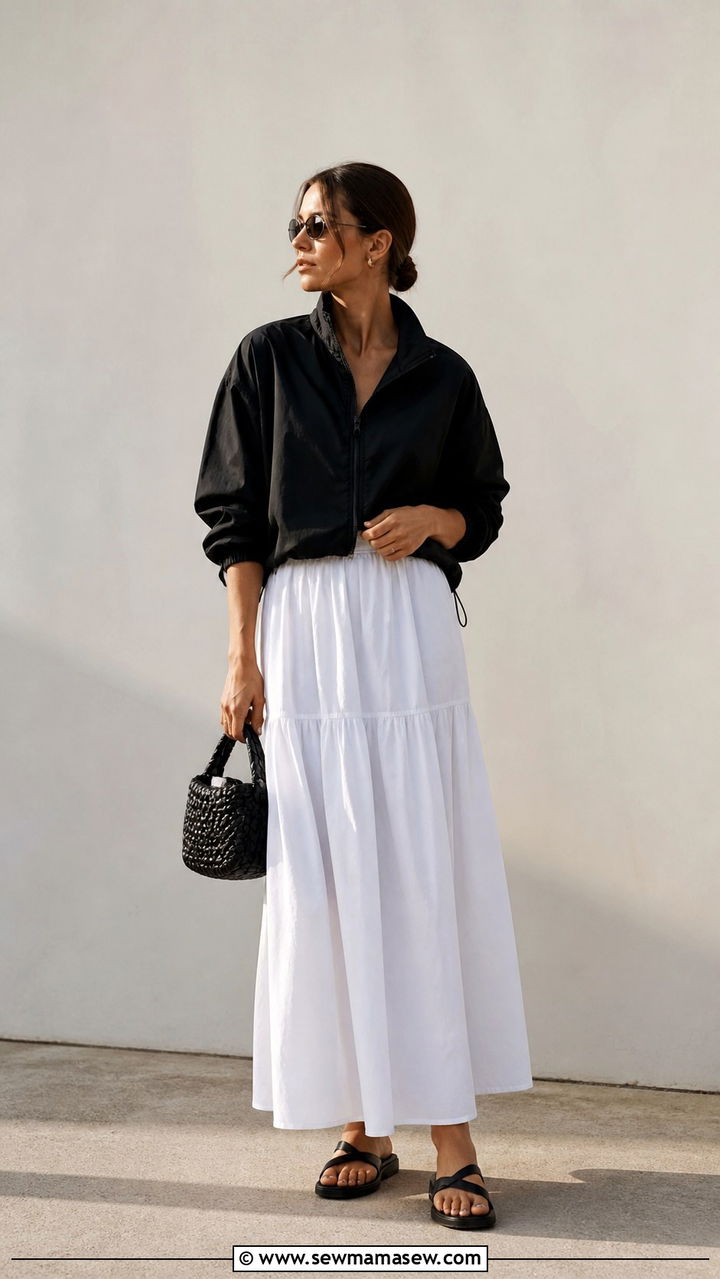 Black windbreaker and white maxi skirt outfit - 40 windbreaker outfits
