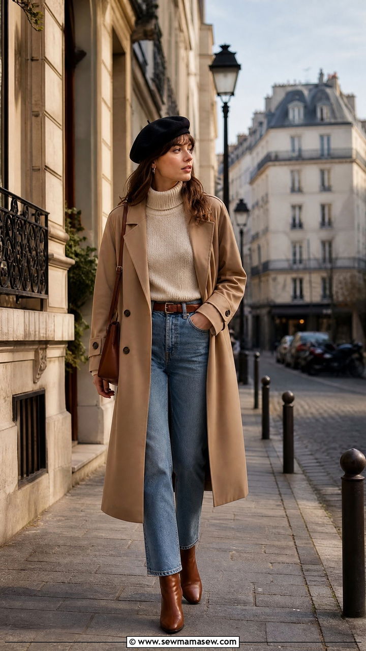 Black wool beret with a camel trench coat - 35 Beret outfit ideas