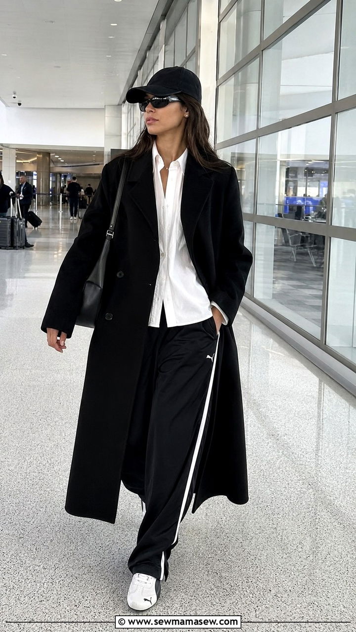 Black wool coat white button down track pants LAX - 30 LAX airport outfit ideas