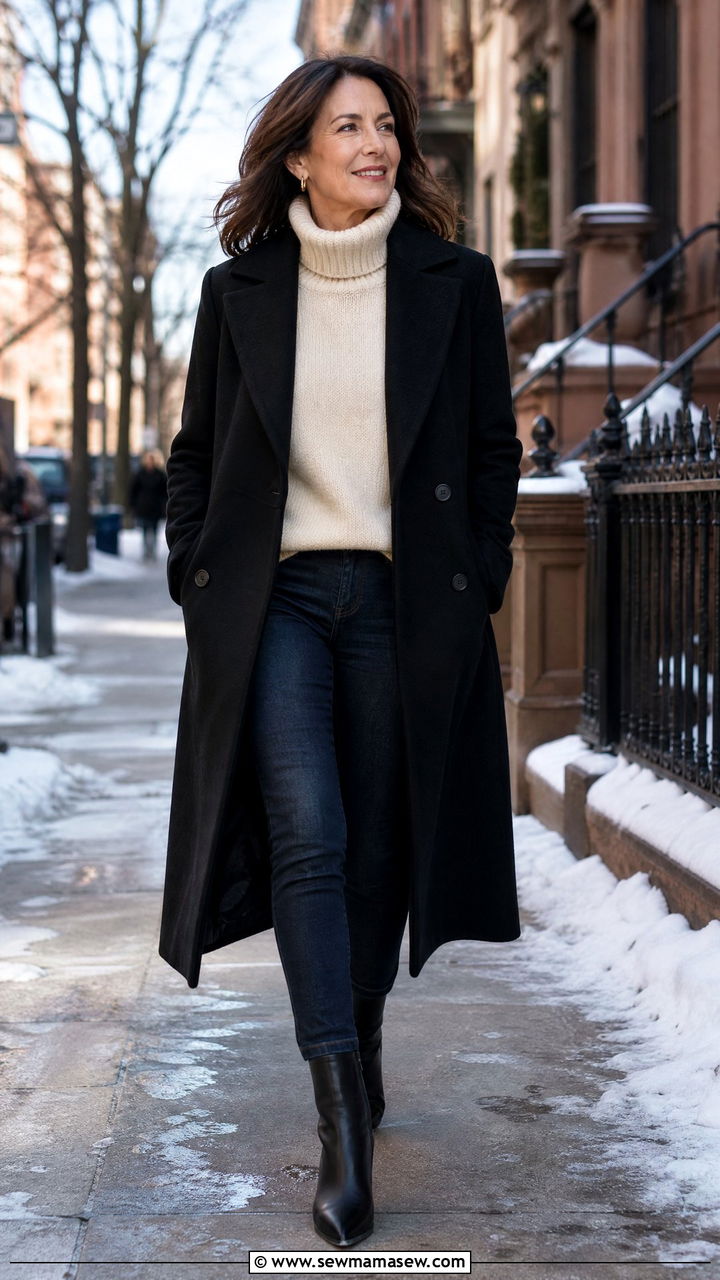 Black wool coat with cream sweater and dark denim - 30 parisian outfit ideas for women over 40